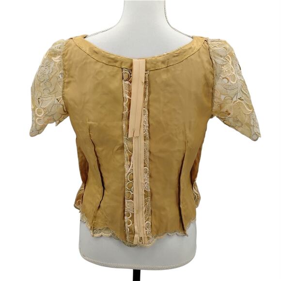 Handmade Floral Embroidered Top Shell Gold Tan Scalloped Zipper Back Size Small - Picture 8 of 9